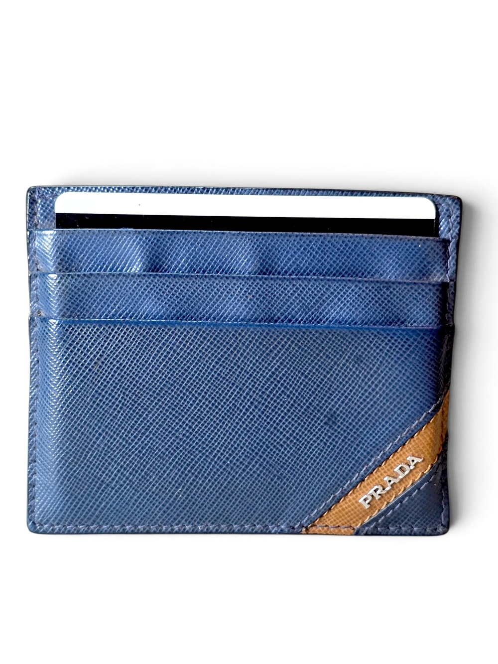 Prada Unisex Blue Saffiano Leather Cardholder with Tan Corner Accent